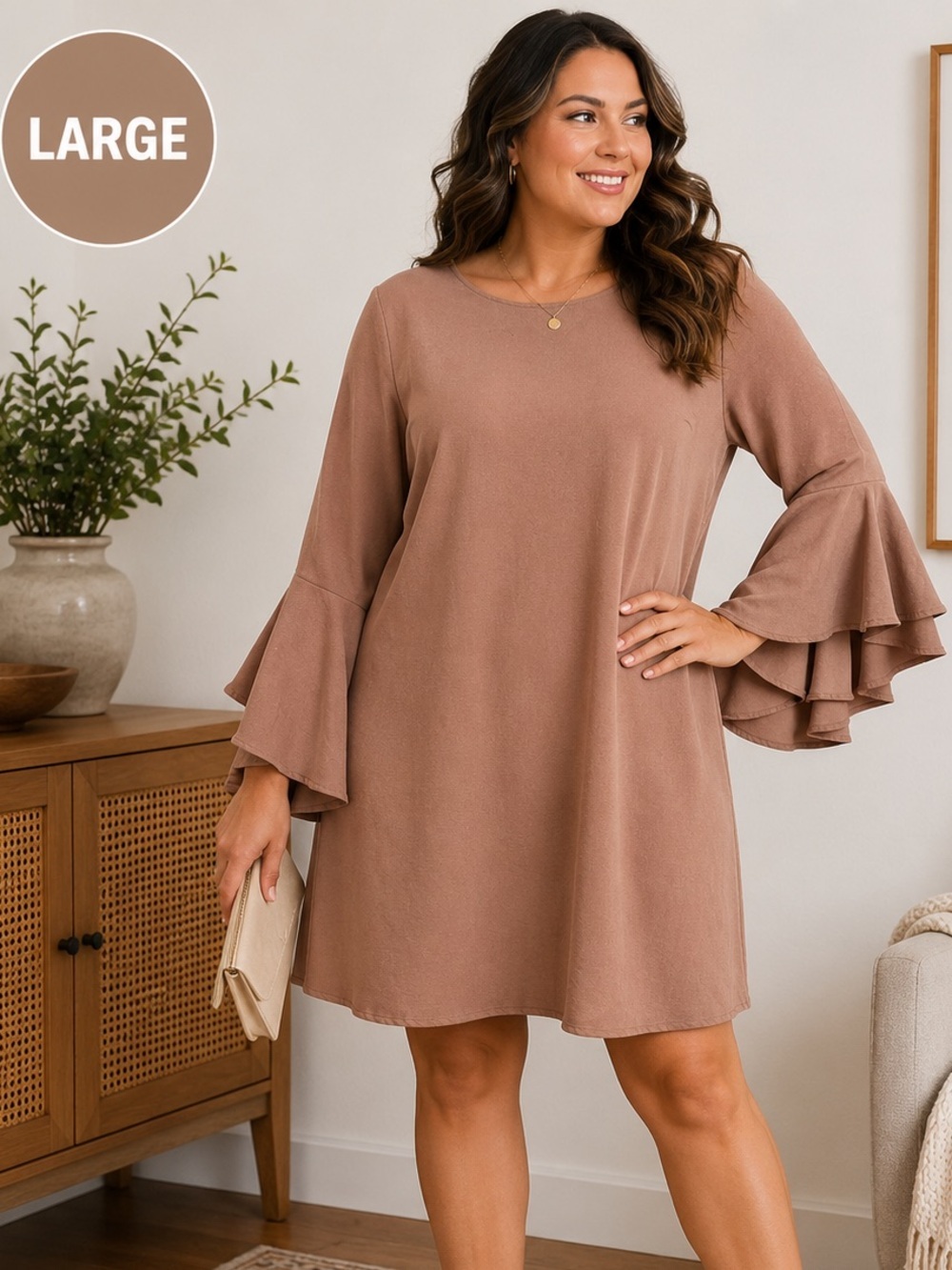 FAVLUX Mauve Pink Ruffle Sleeve Women's Dress LARGE beige
Pit 19”
Length 34”